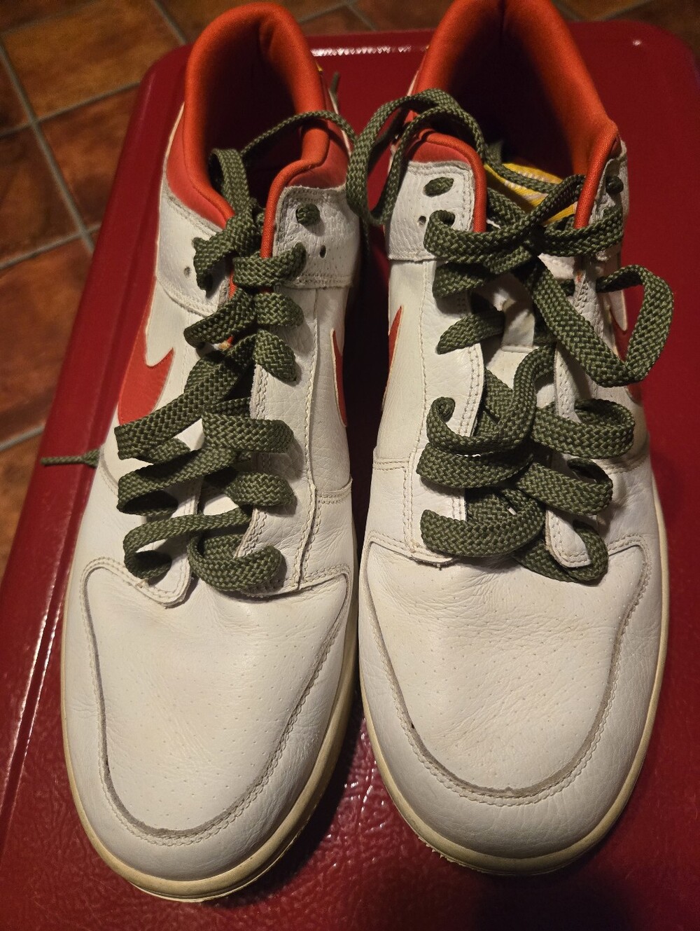 White & Orange Men's Athletic Sneakers with Olive Laces
